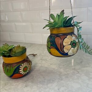 2 Retro handmade ceramic flower power wall hanging planters, 80s boho. Mexican